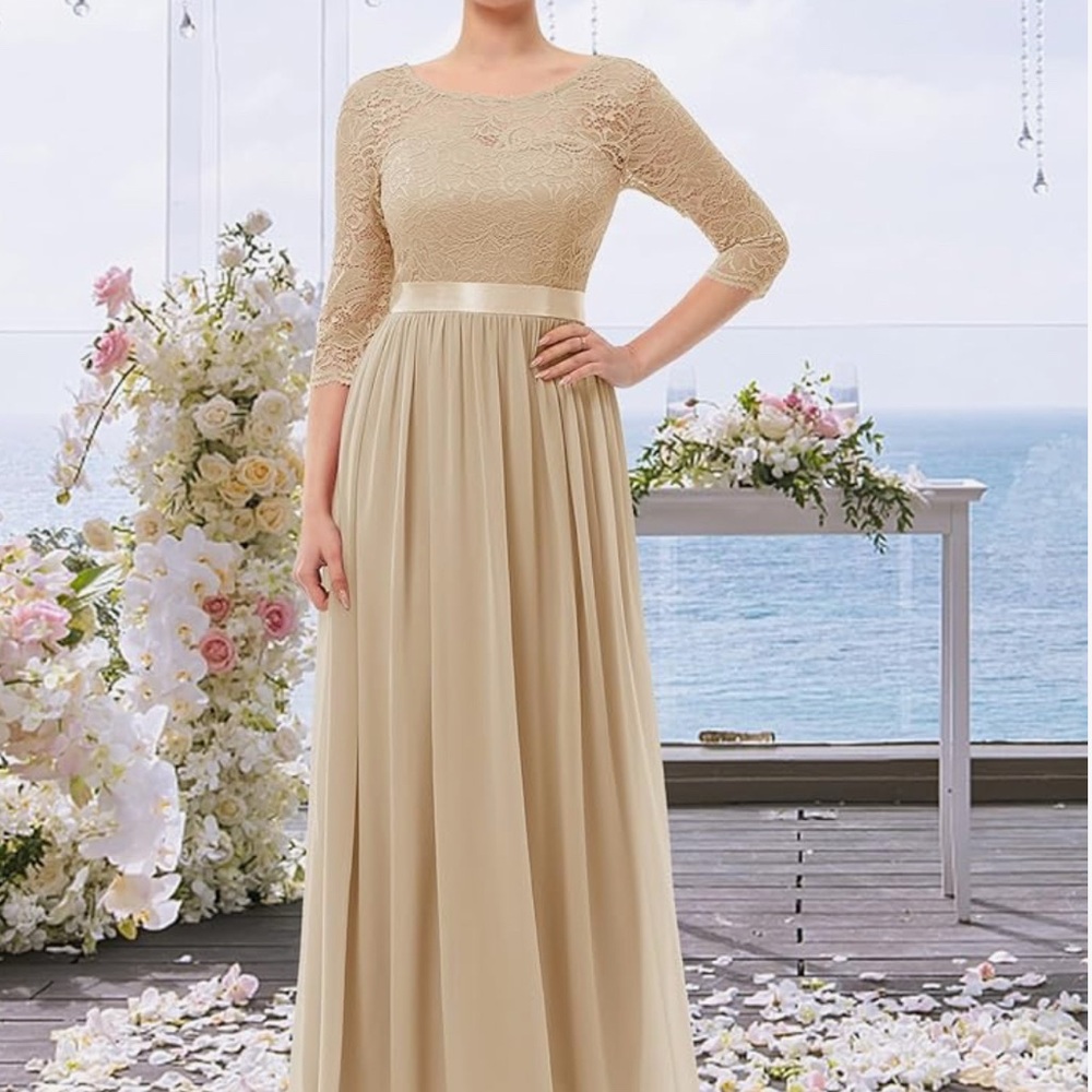 Champagne Long Sleeve Pleated Gown